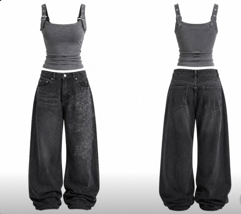 Y2k two piece outfit, baggy jeans with fitted tank top/shirt